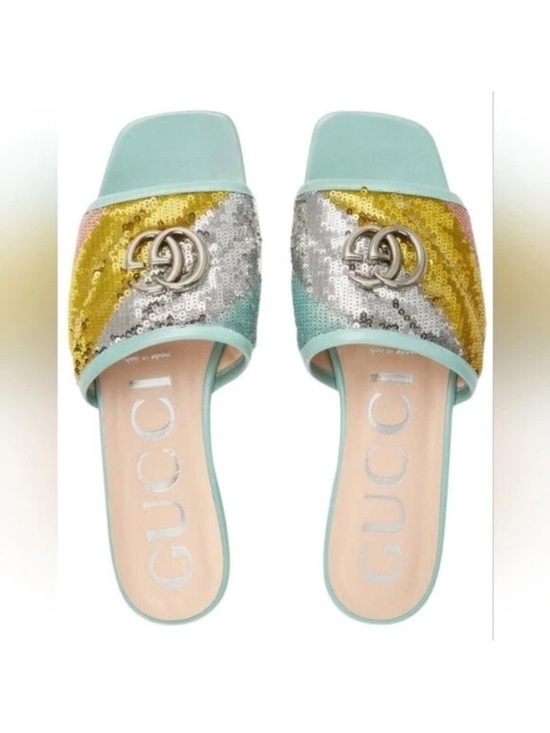 Gucci Shoes - Gucci Mint Sequin Slide Sandals with Multicolor Sequins